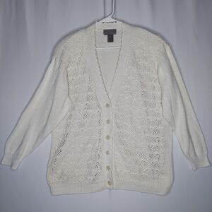 Liz‎ Baker Crochet Cardigan 2X Cream Vneck Button Long Sleeve Lined Scallop Vtg